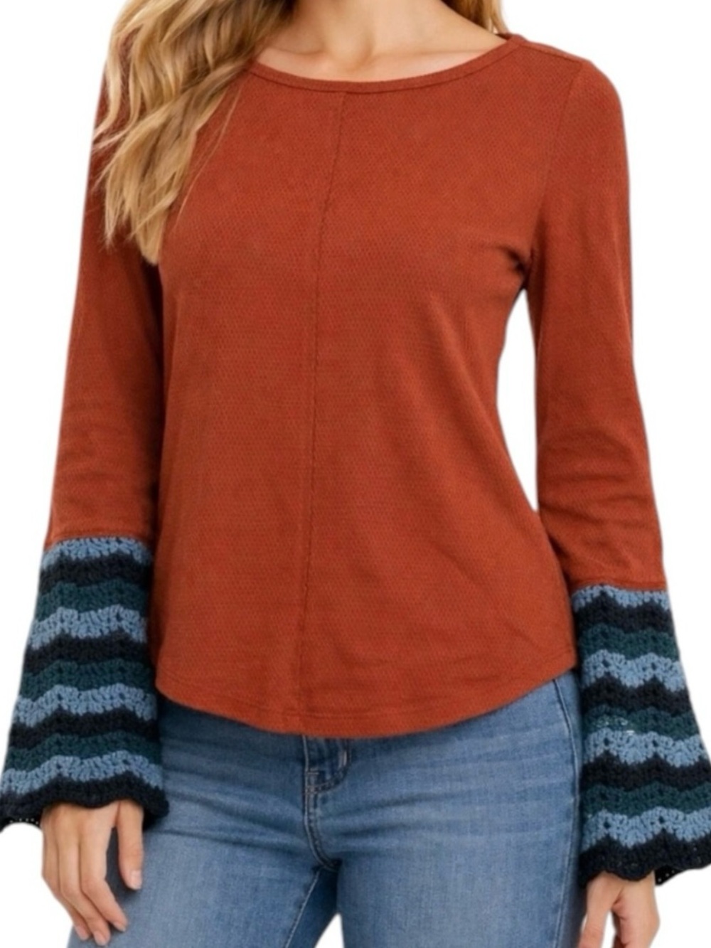 Anthropologie Pilcro Crochet Bell Cuffed Thermal Top Orange Boho Flare Sleeve M